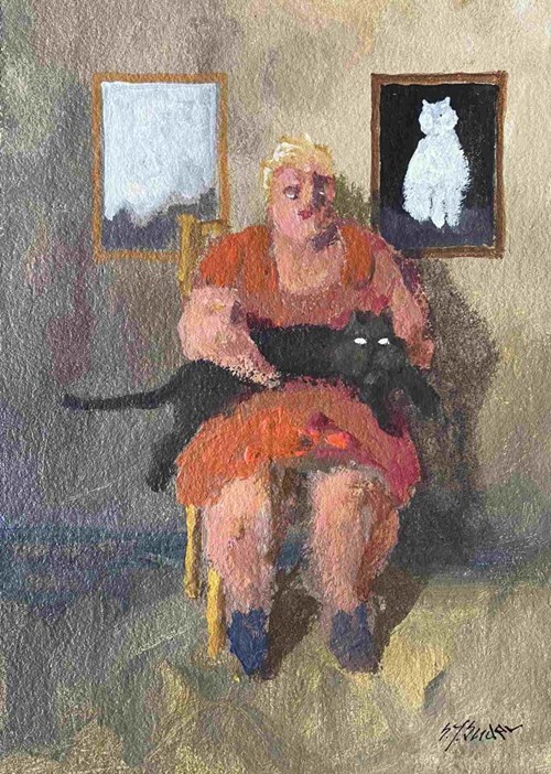 Living room painting by Stanisław Jerzy Suder titled Woman With Cat