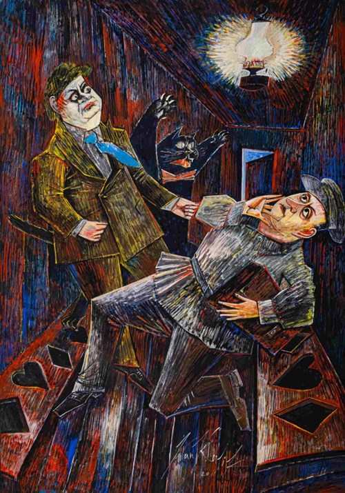Living room painting by Iwan Kulik titled Game from the Master and Margarita Cycle
