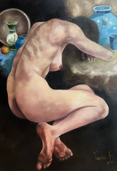 Living room painting by Katarzyna Panko titled Nude With Blue Pot