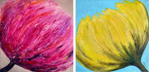 Living room painting by Paulina Anna Leszczyńska titled Pink and Yellow (diptych)