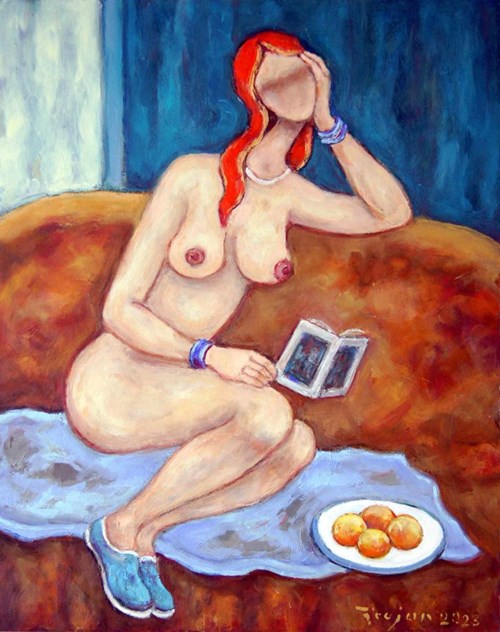 Obraz do salonu artysty Henryk Trojan pod tytułem Dziewczyna w turkusowych pantoflach