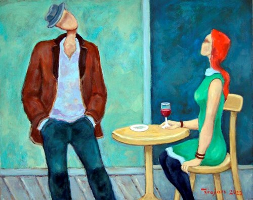 Living room painting by Henryk Trojan titled Girl with a glass of red wine