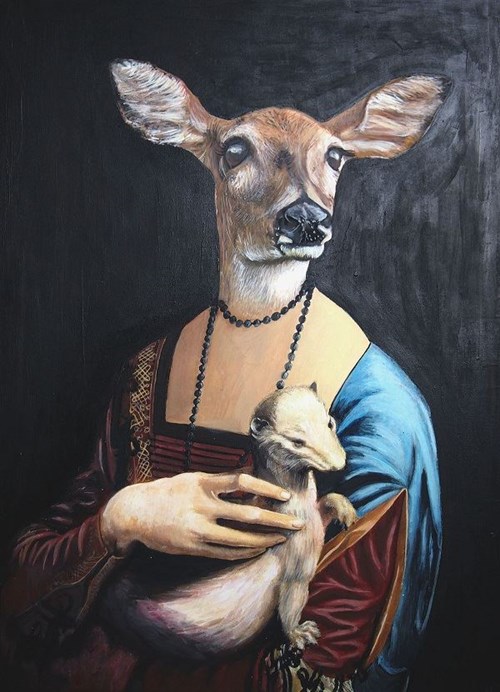 Living room painting by Lech Bator titled Lady with roe deer