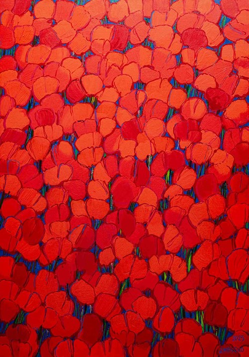 Living room painting by Joanna Mieszko titled Taming poppies (red)