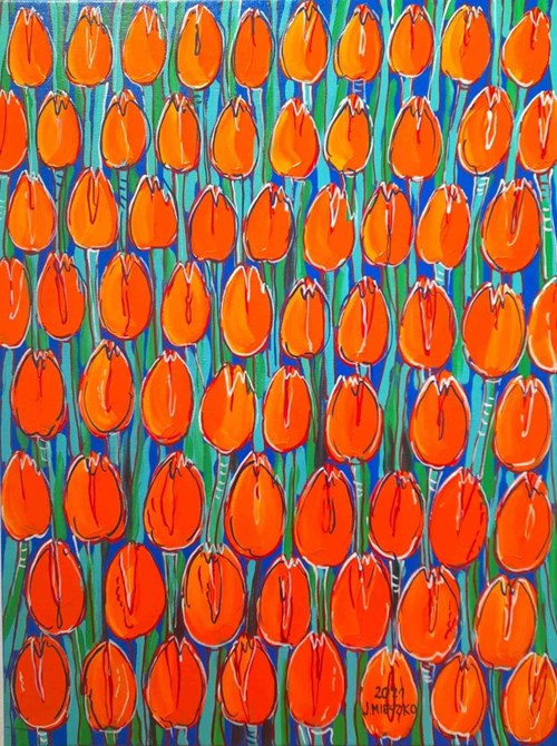 Living room painting by Joanna Mieszko titled Tulips - the last episode