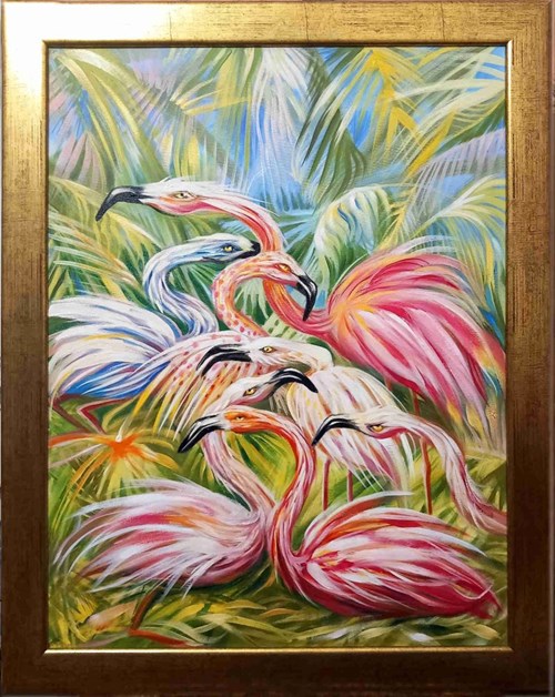 Living room painting by Rafał Mruszczak titled Flamingos