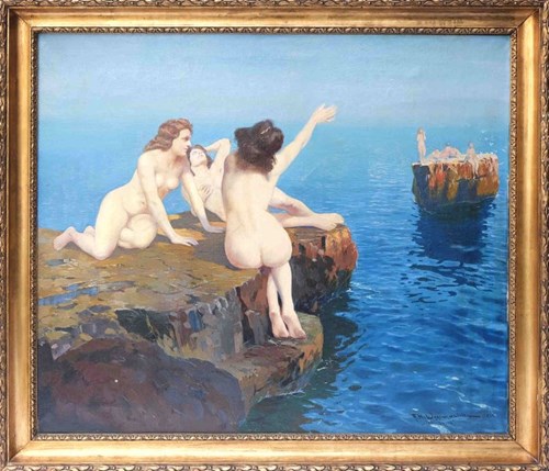 Living room painting by Feliks Michał Wygrzywalski titled Three Sirens on the Rock