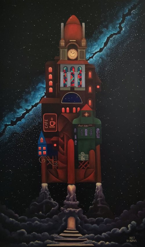 Obraz do salonu artysty Mikołaj Korus pod tytułem Wielka ucieczka z planety Ziemia