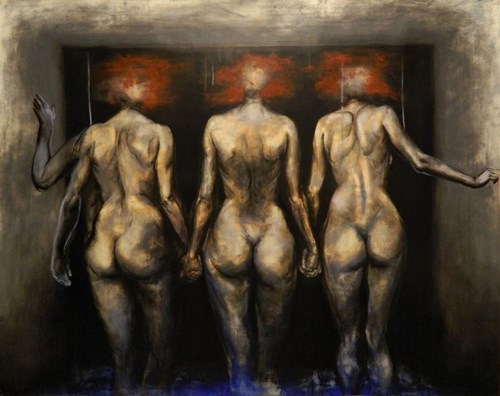 Living room painting by Wojciech Pelc titled Sisters 2