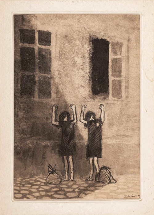 Living room painting by Zdzisław Lachur titled Two figures near the wall from the Ghetto series