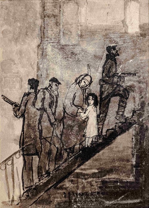 Living room painting by Zdzisław Lachur titled On the stairs from the Ghetto series