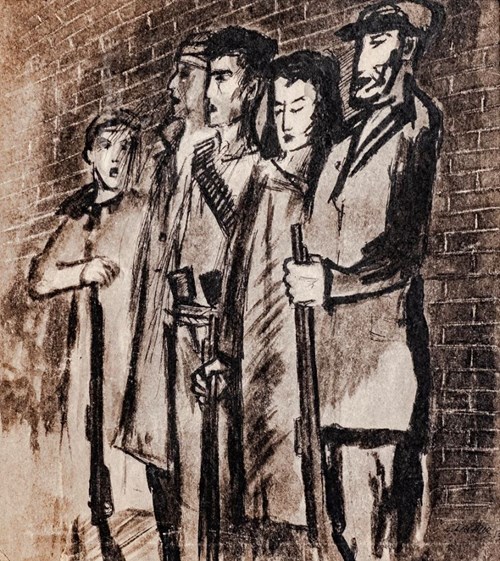 Living room painting by Zdzisław Lachur titled Guards from the Ghetto series