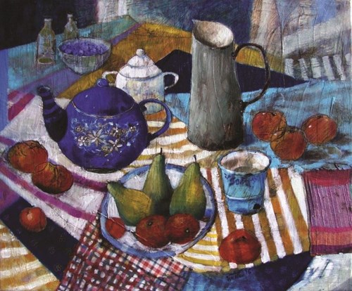 Living room painting by Inez White titled She dropped the pear into the pinafore