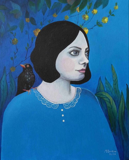 Living room painting by Magdalena Brennenstuhl titled Wanda with a Blackbird