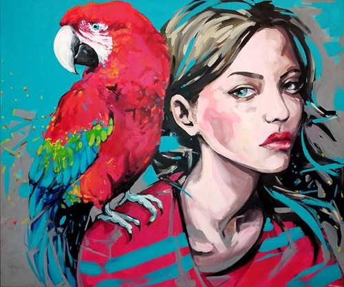 Living room painting by Kamila Jarecka titled Budgerigars parrots