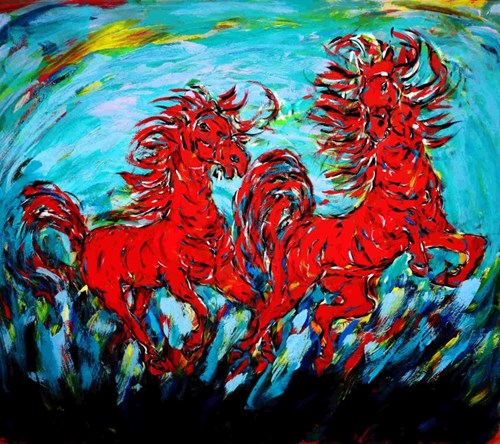 Living room painting by Adam Bojara titled Fire Horses