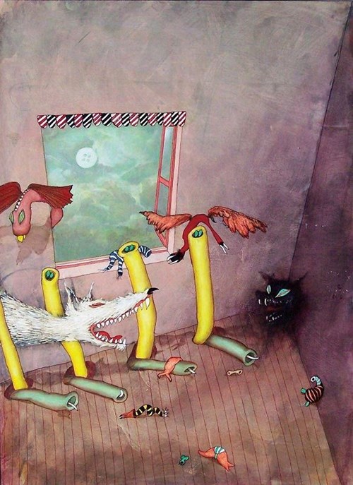 Obraz do salonu artysty Jacek Wojciechowski pod tytułem Kiedy śpisz i głowę przykrywasz poduszką, stwory światła i ciemności przebywają z Twoją duszą