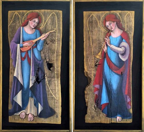 Living room painting by Anna Konikowska titled Angel Diptych