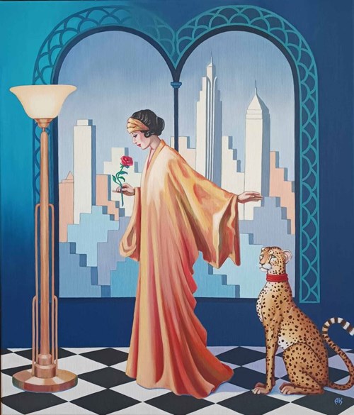 Living room painting by Anna Konikowska titled Girl With Cheetah