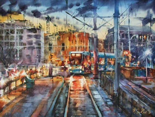 Living room painting by Paweł Gładkow titled Evening tram