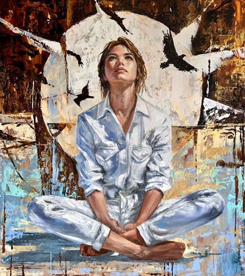 Living room painting by Ewa Sławniewicz titled Where Her Thoughts Fly