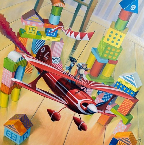 Living room painting by Łukasz Czernicki titled Flying circus