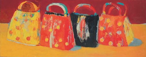 Living room painting by Jolanta Caban titled Bags on a yellow tablecloth