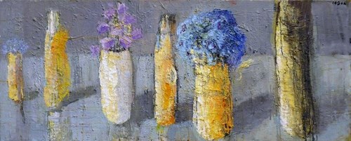 Living room painting by Jolanta Caban titled Still life with blue flowers and a birch trunk