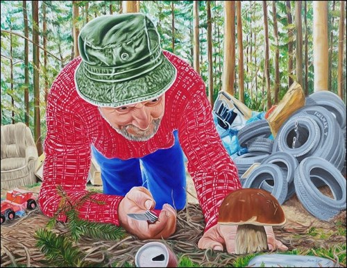 Living room painting by Tomasz Koper titled Mushroom picking 2023