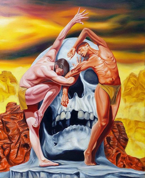 Living room painting by Tomasz Koper titled Skull dance