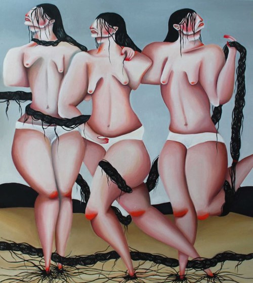 Living room painting by Mirela Bukała titled Three Sisters