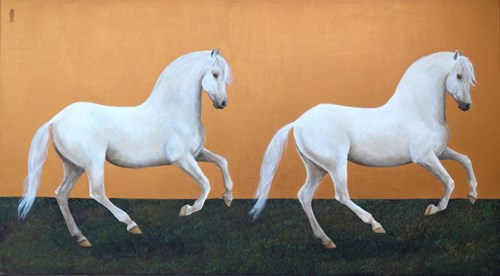 Living room painting by Malwina de Brade titled Grey Horses