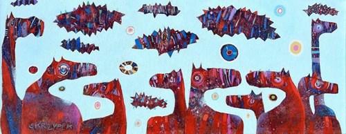 Obraz do salonu artysty Grzegorz Skrzypek pod tytułem Trójkącikowe chmurki i czerwone stadko