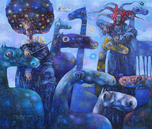 Living room painting by Grzegorz Skrzypek titled Blue constellation
