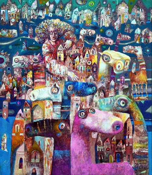 Living room painting by Grzegorz Skrzypek titled Tale of the Raspberry Moon