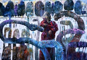 imowy pejzaż z tajemniczym ptaszkiem