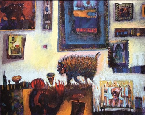 Living room painting by Grzegorz Skrzypek titled Kotostworek in the interior