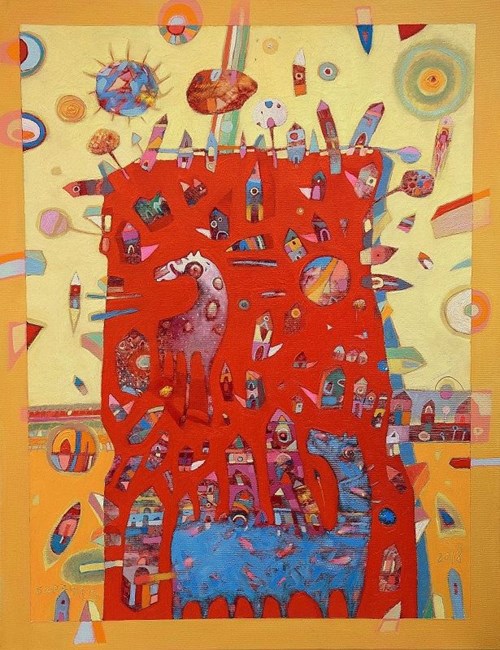 Obraz do salonu artysty Grzegorz Skrzypek pod tytułem Gravitująca jesień i niebieski koniostworek