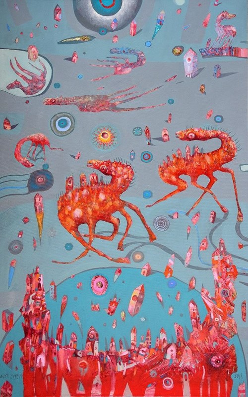 Obraz do salonu artysty Grzegorz Skrzypek pod tytułem Antygravitostwór i niebieskie planety