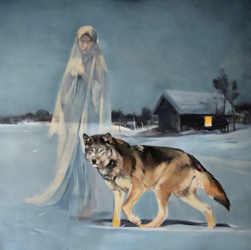 Living room painting by Jan Dubrowin titled Mother Mary and the Wolf