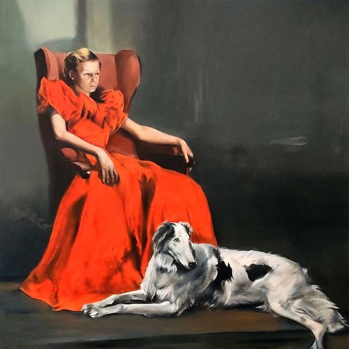 Living room painting by Jan Dubrowin titled Alert