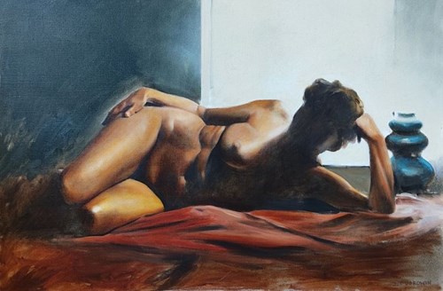 Living room painting by Jan Dubrowin titled Nude by the lamp