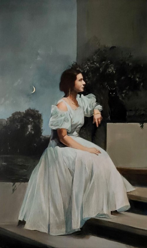 Living room painting by Jan Dubrowin titled Cat Tales (Moonlight)