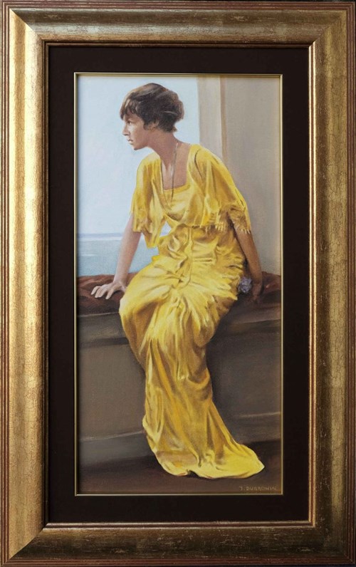 Living room painting by Jan Dubrowin titled Yellow Dress