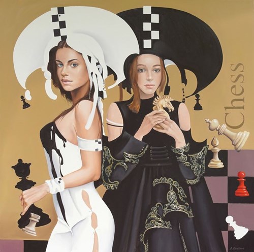 Living room painting by Andrejus Kovelinas titled Chess Girls
