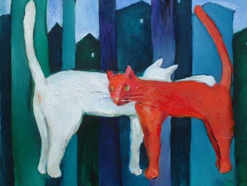 Obraz do salonu artysty Miro Biały pod tytułem Lewitujące koty