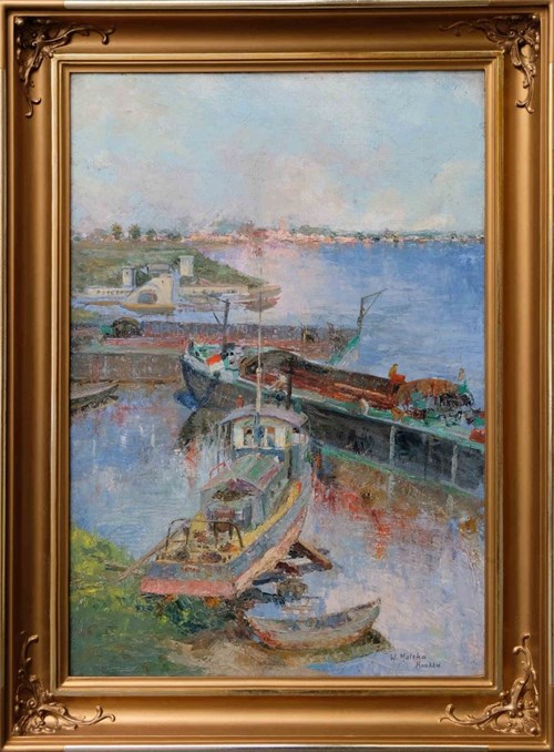 Living room painting by Władysława Malska titled River shipyard