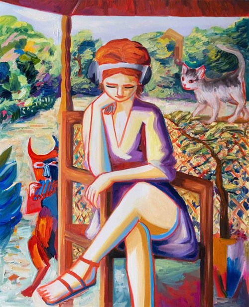 Living room painting by Maciej Cieśla titled Anka listens to jazz
