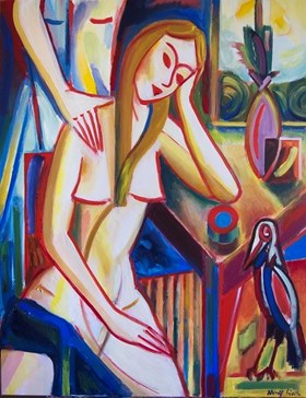 Composition with girls, still life and raven