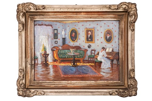 Living room painting by Bronisława Rychter-Janowska titled At the Piano, 20th Century